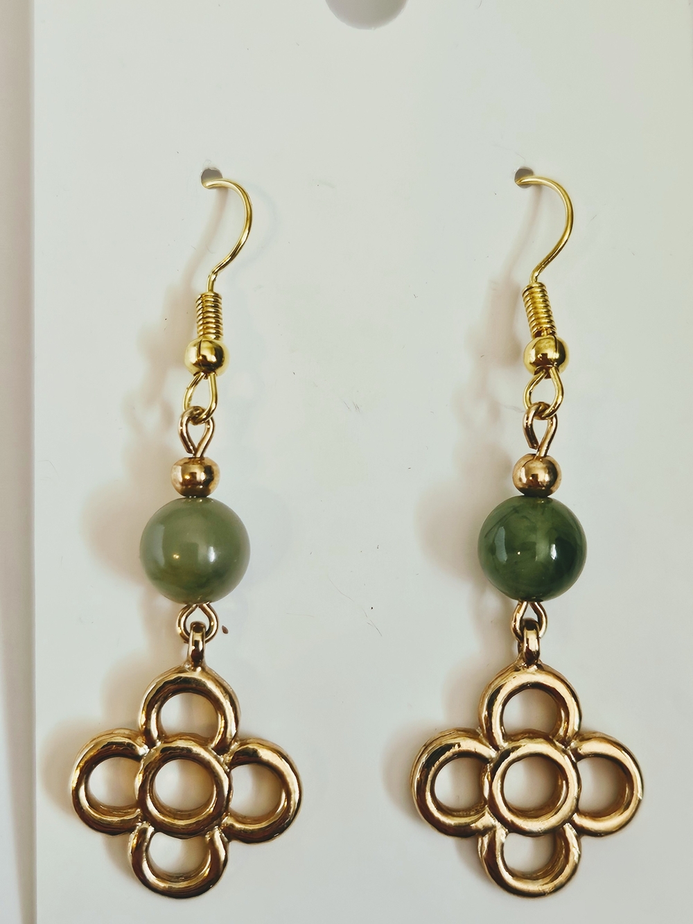 Gold Drop Earrings with Green Bead Accent